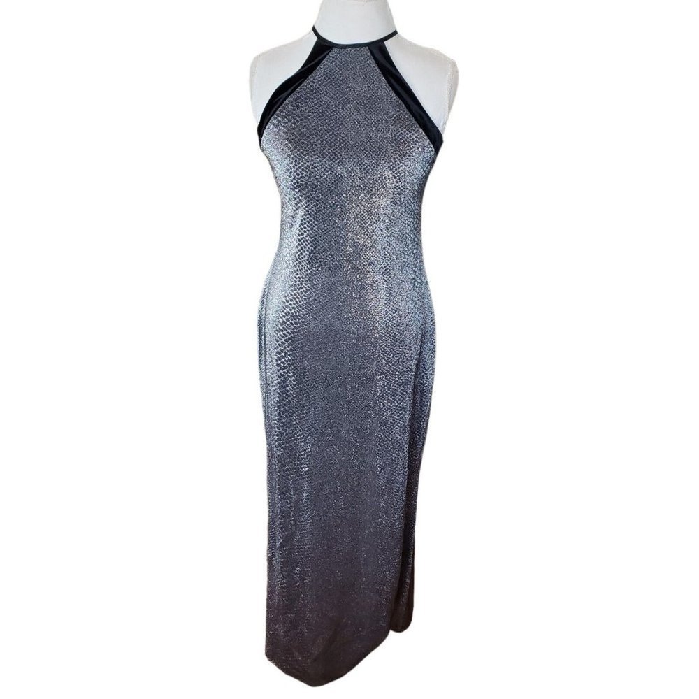 Vintage 90s Silver Metallic Long Halter Dress‎ Velvet Trim Open Back M 8 10 Hoco - Picture 2 of 10